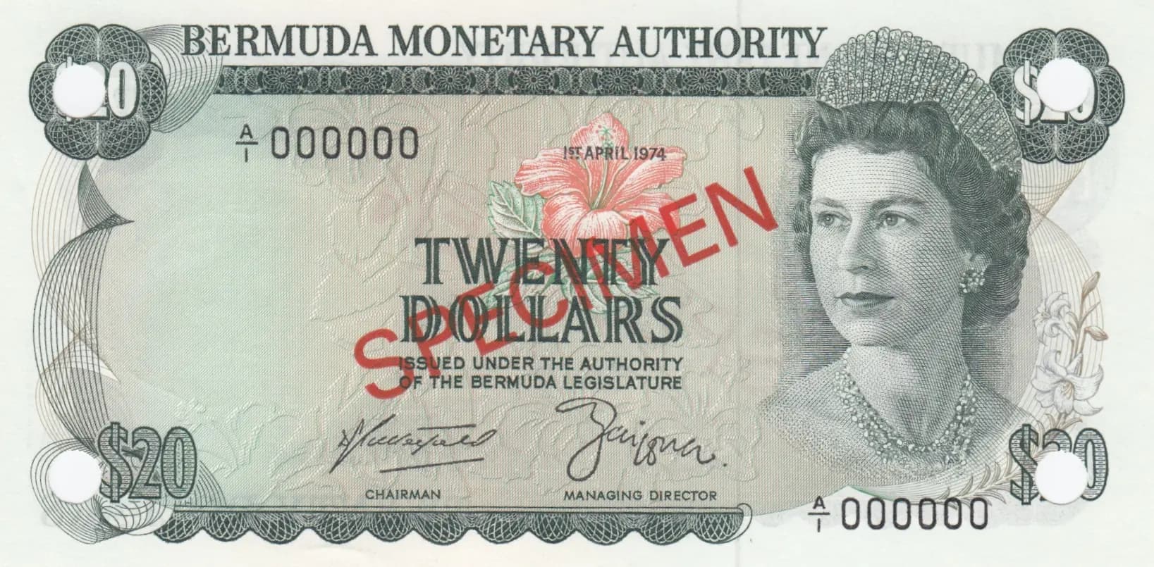 20 dollars 1974 specimen from Bermuda, P-31as