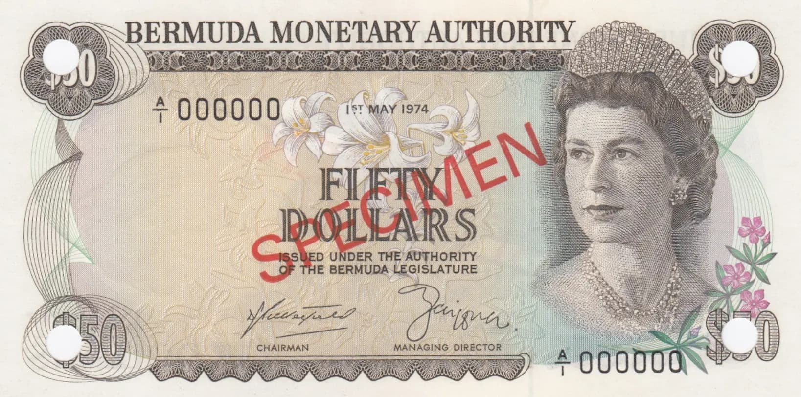 50 dollars 1974 specimen from Bermuda, P-32as