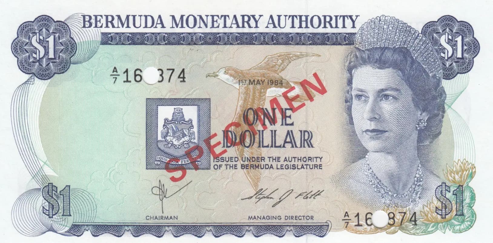 1 dollar 1984 specimen from Bermuda, P-28bs