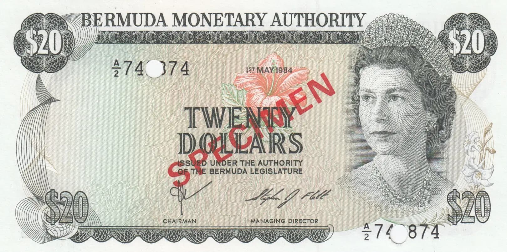 20 dollars 1984 specimen from Bermuda, P-31cs (1984) — image 1