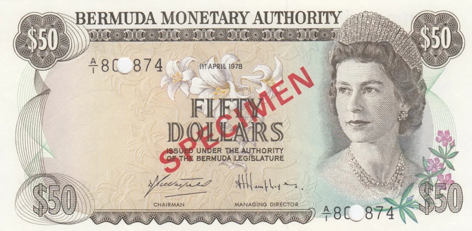 50 dollars 1978 specimen from Bermuda, P-32bs (1978) — image 1
