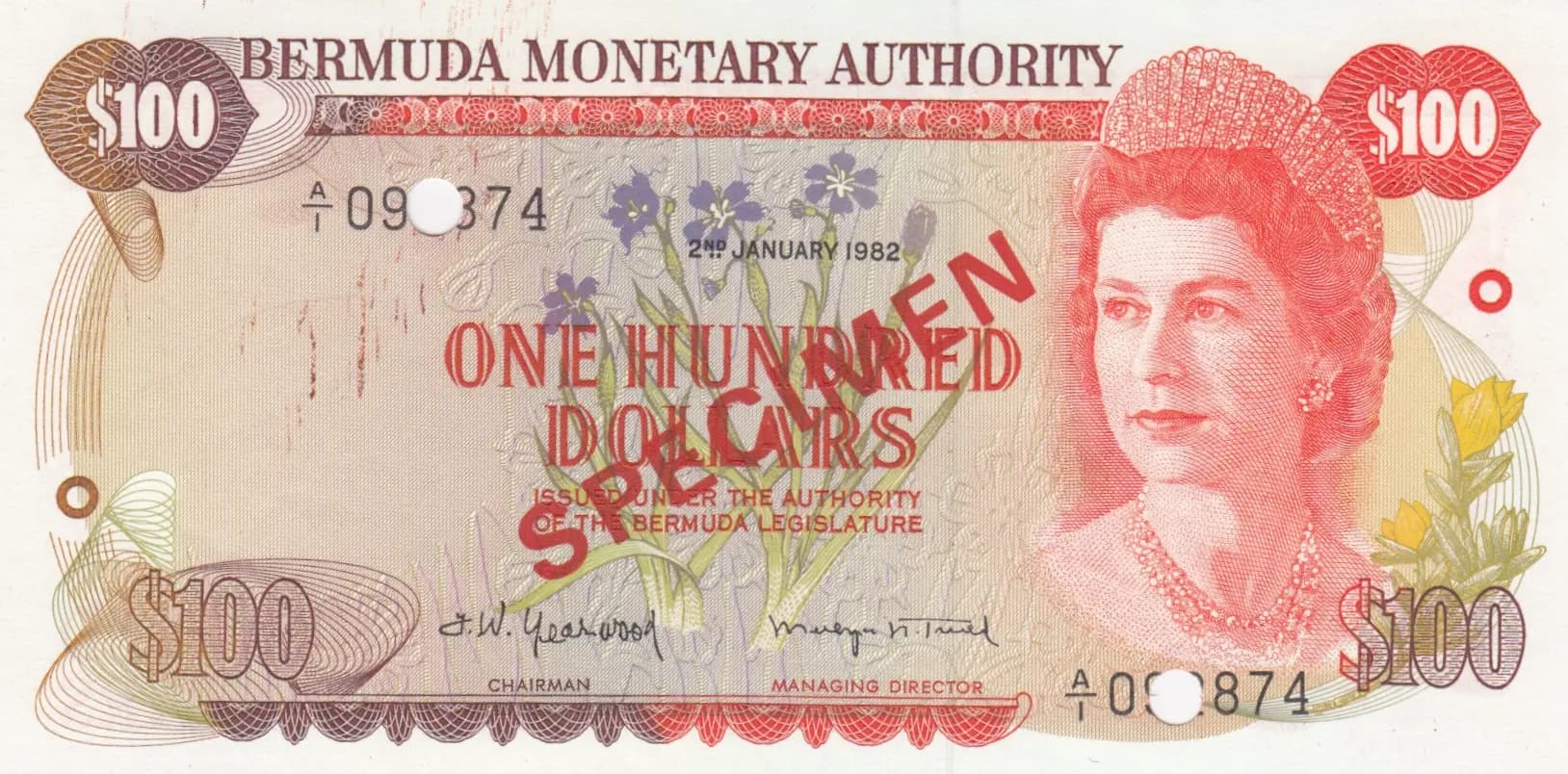 100 dollars 1982 specimen from Bermuda, P-33as (1982) — image 1