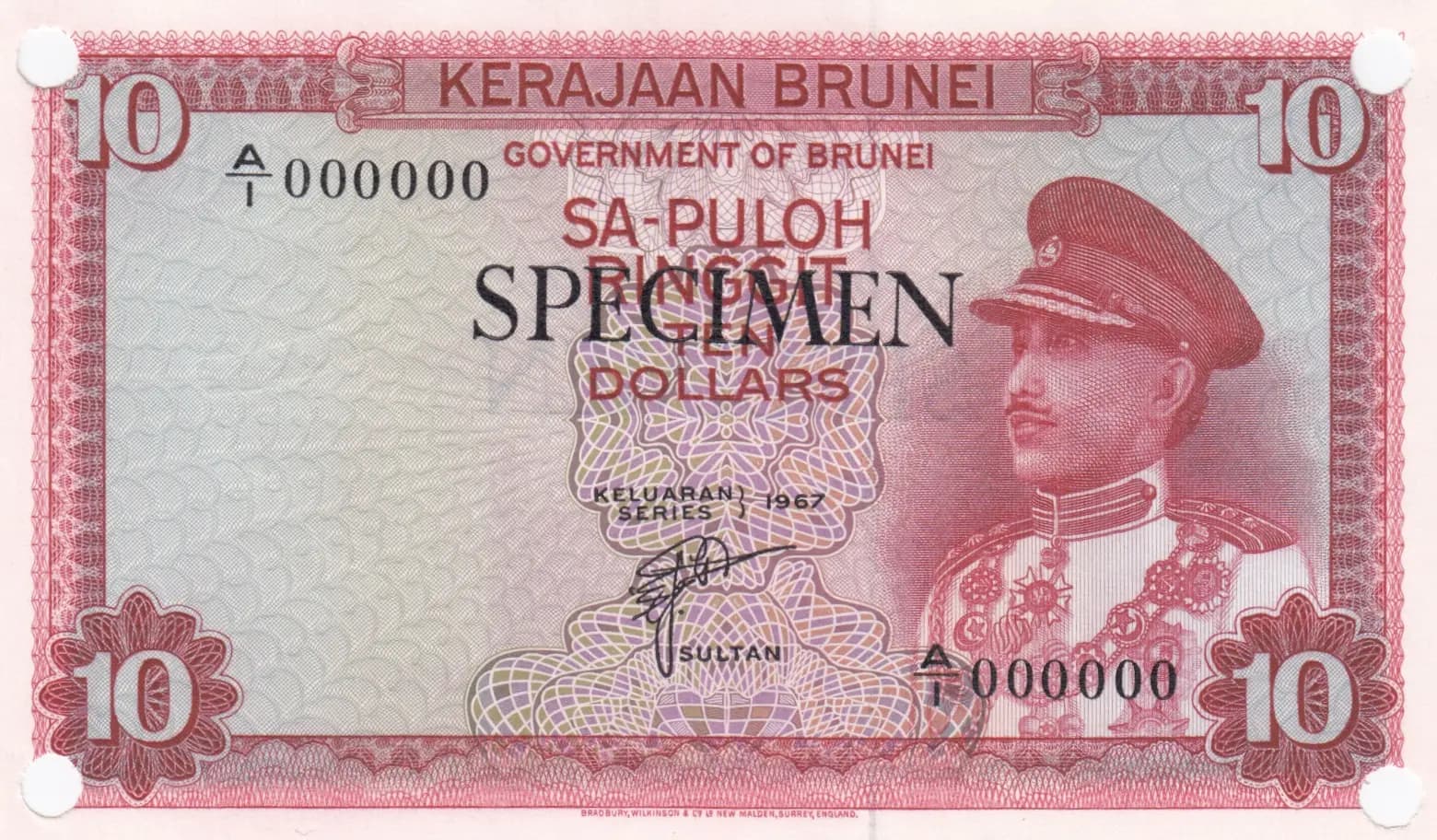 10 ringgit 1967 specimen from Brunei, P-3s