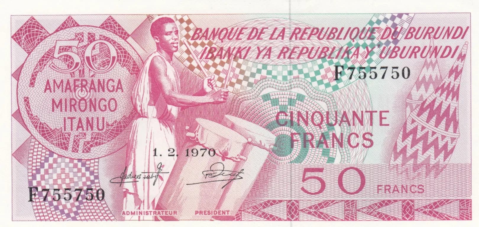 50 francs 1970 from Burundi, P-22b