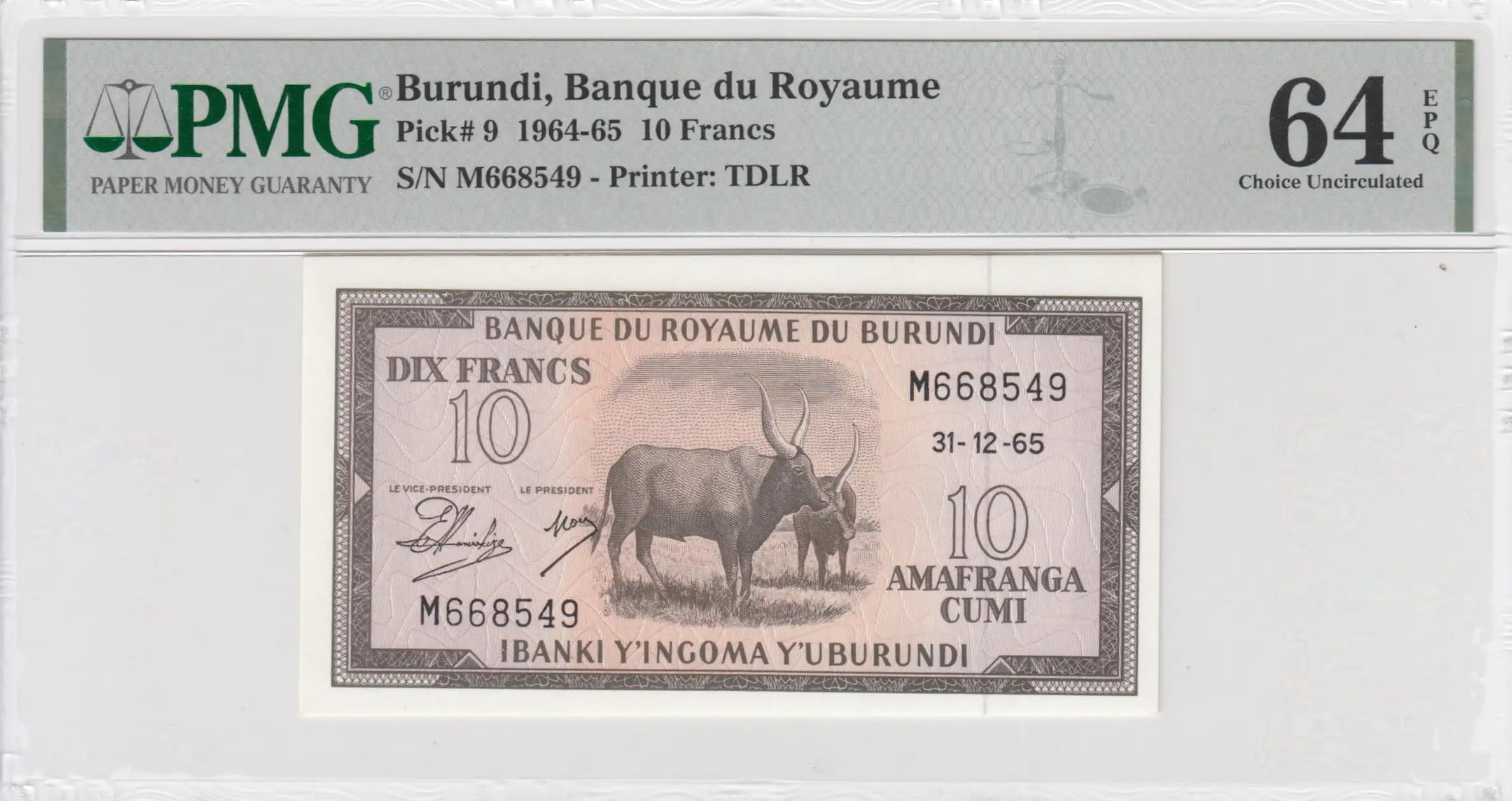 10 francs 1965 from Burundi, P-9