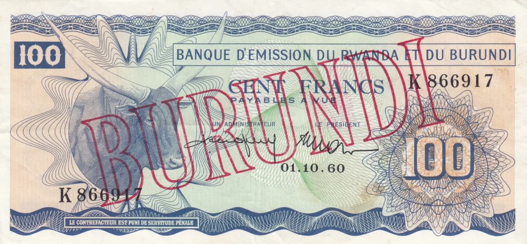 100 francs 1960 from Burundi, P-5