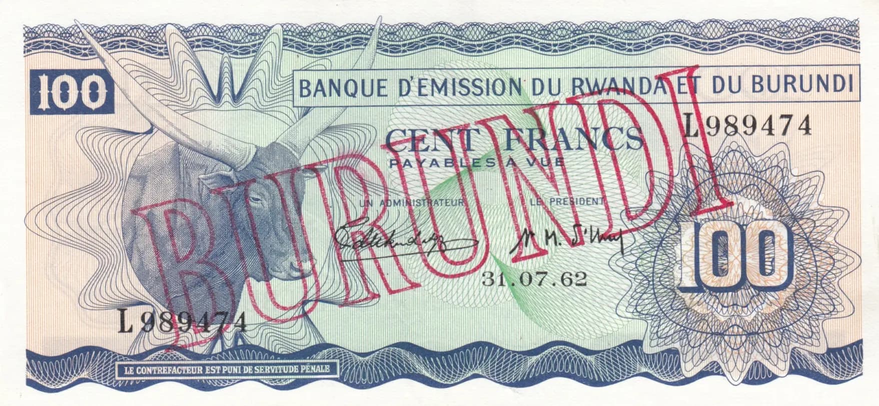 100 francs 1962 from Burundi, P-5