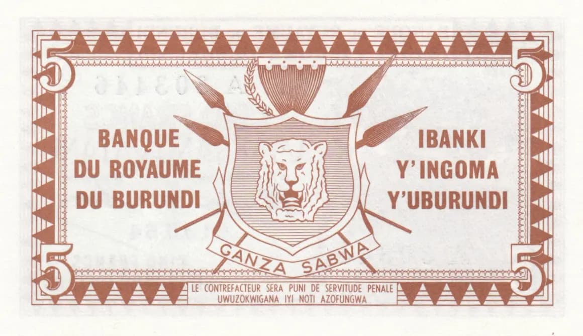 5 francs 1964 from Burundi, P-8 (1964) — image 2