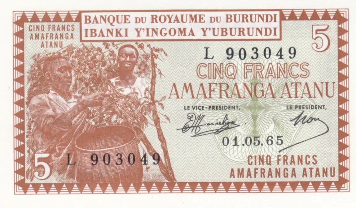 5 francs 1965 from Burundi, P-8