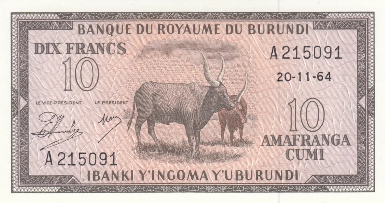 10 francs 1964 from Burundi, P-9