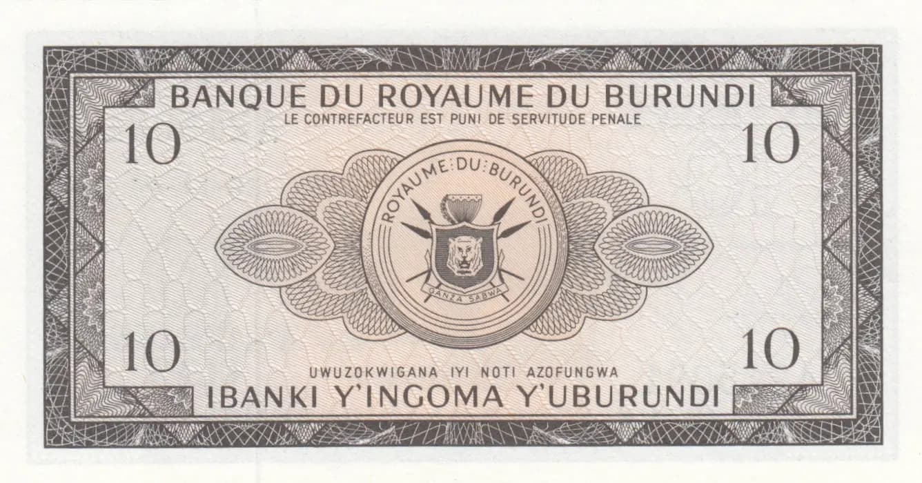 10 francs 1964 from Burundi, P-9 (1964) — image 2