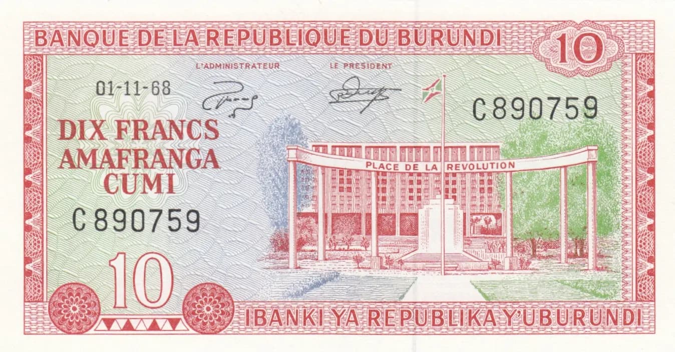 10 francs 1968 from Burundi, P-20a (1968) — image 1