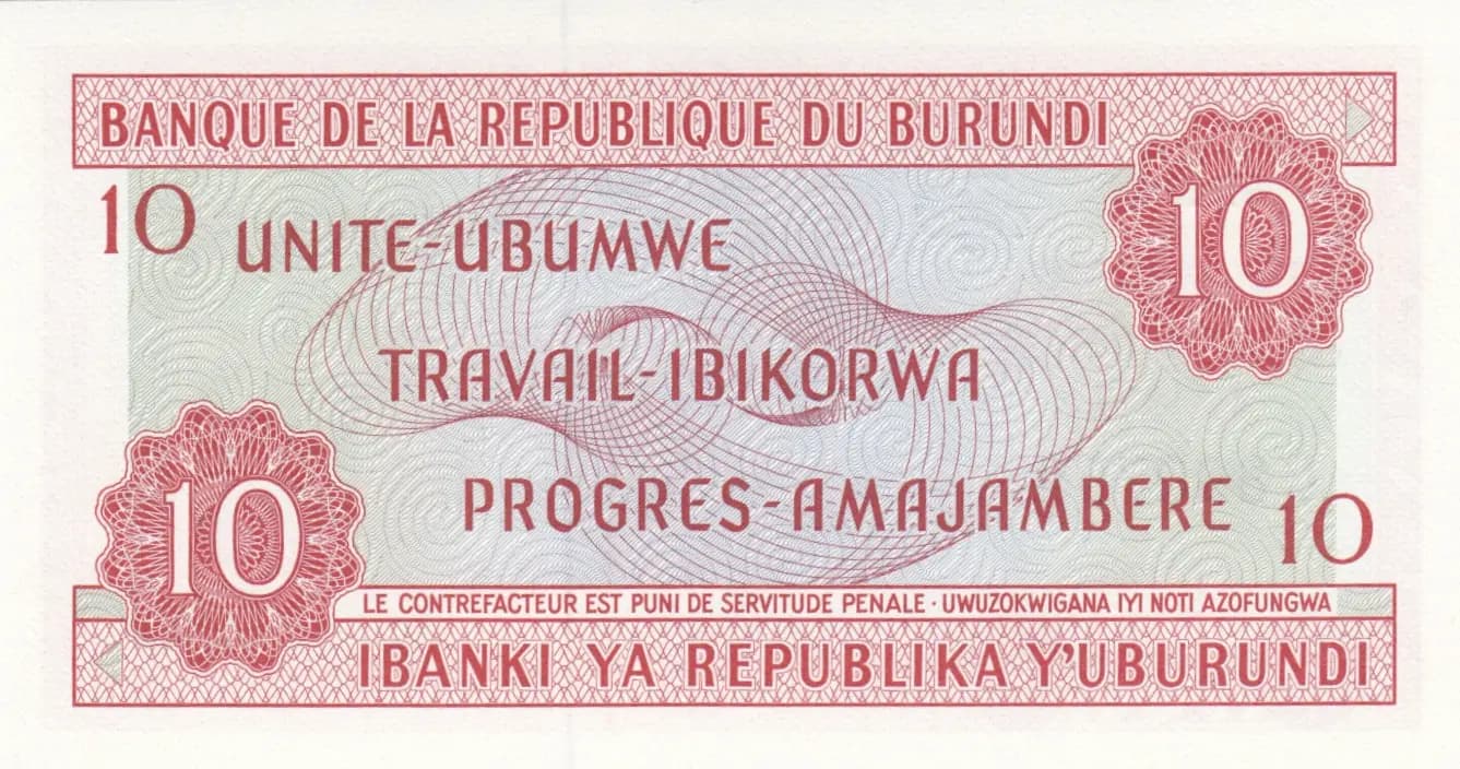 10 francs 1968 from Burundi, P-20a (1968) — image 2