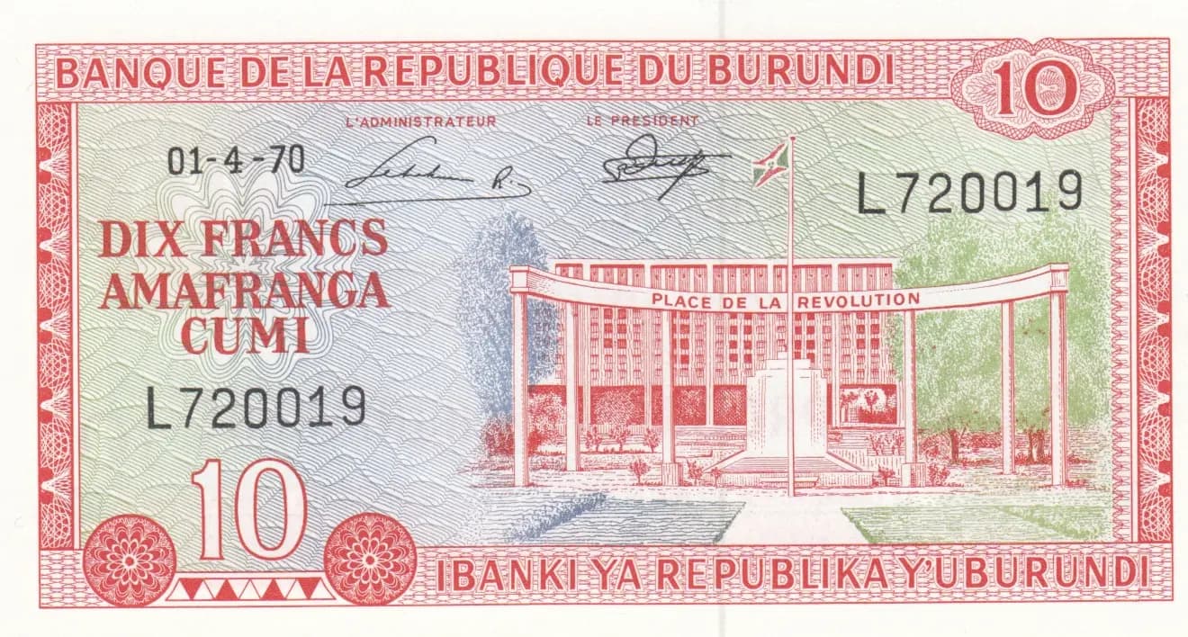 10 francs 1970 from Burundi, P-20b