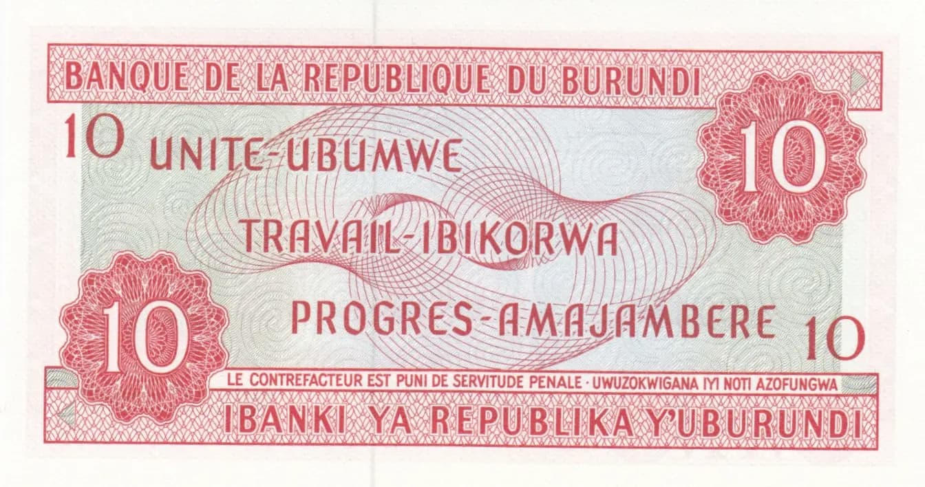 10 francs 1970 from Burundi, P-20b (1970) — image 2