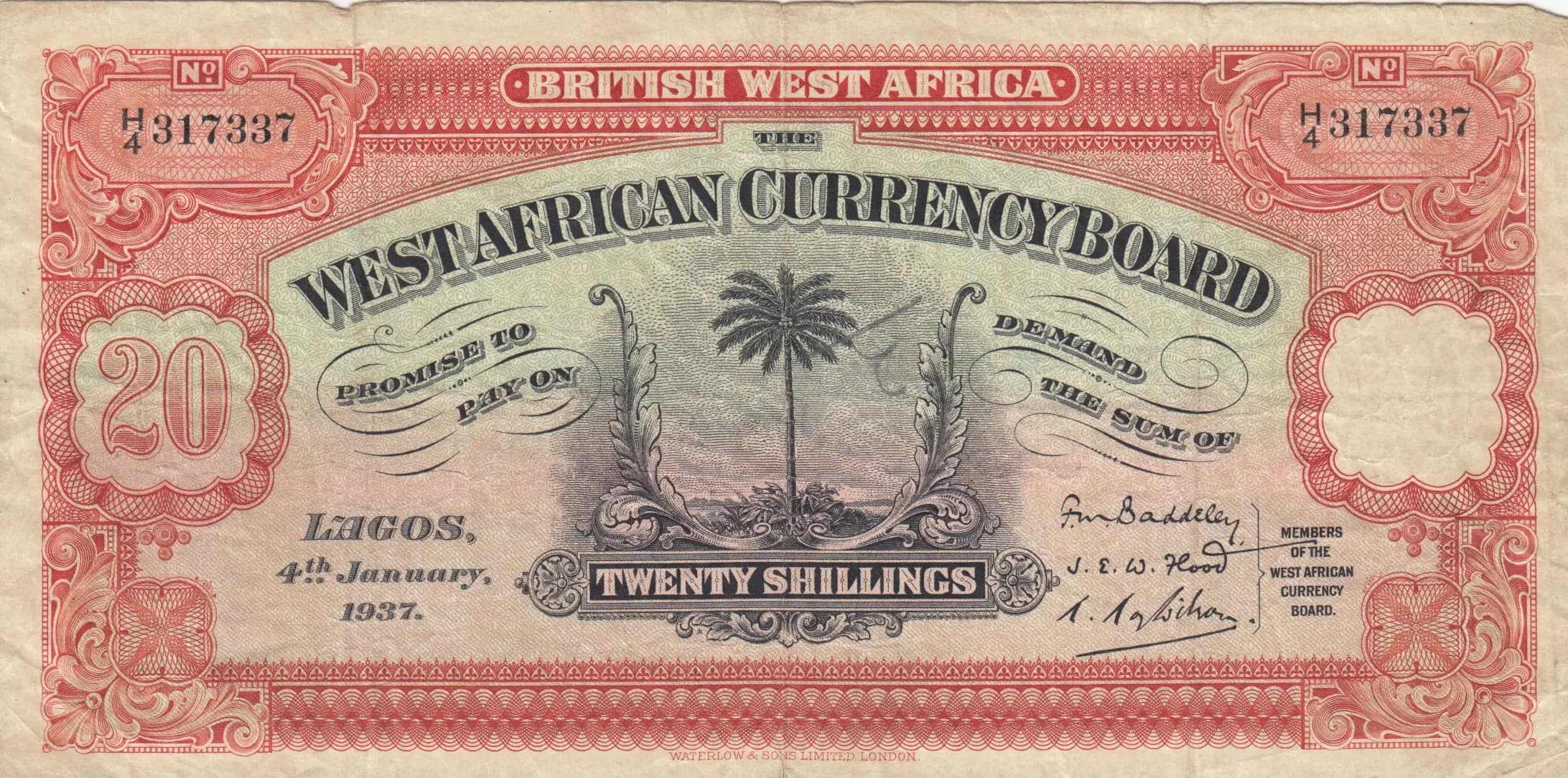 20 shillings 1937 from British West Africa, P-8b
