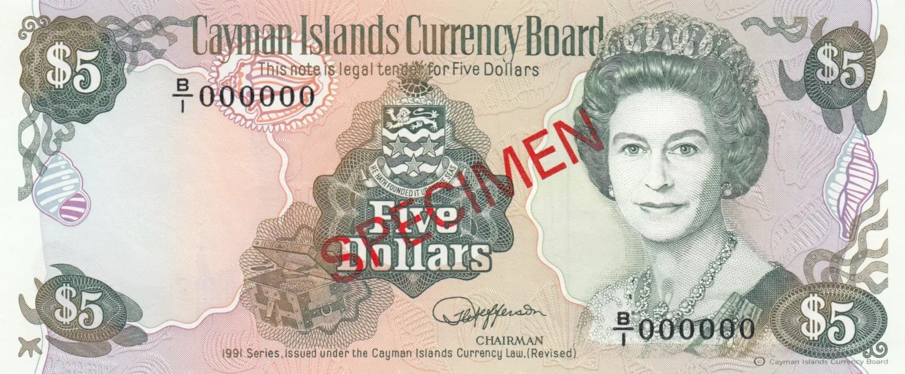 5 dollars 1991 specimen from Cayman Islands, P-12s