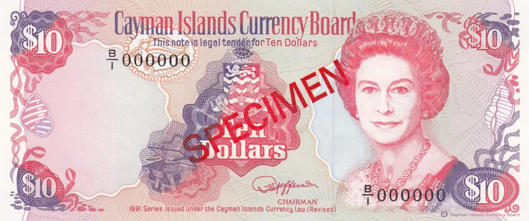 10 dollars 1991 specimen from Cayman Islands, P-13s