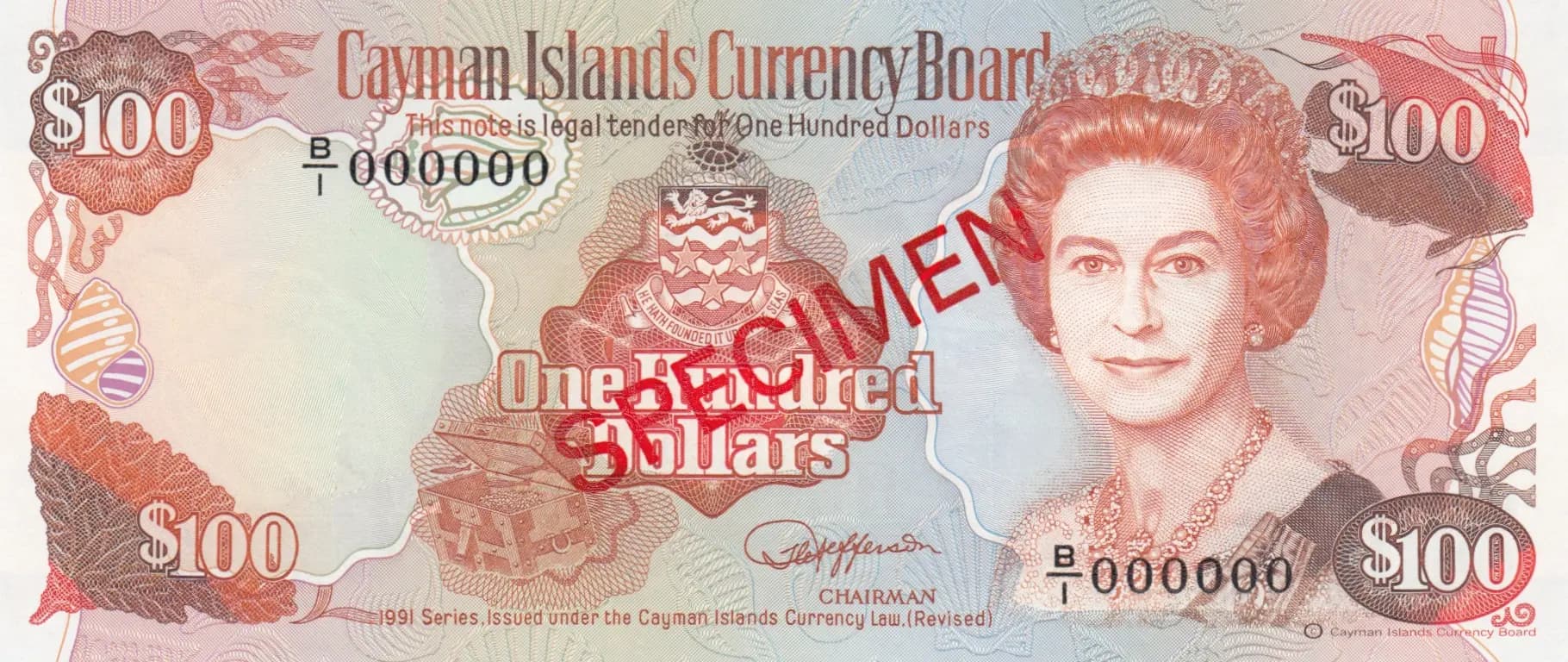 100 dollars 1991 specimen from Cayman Islands, P-15s