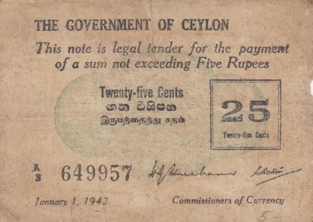 25 cents 1942 from Sri Lanka, P-40