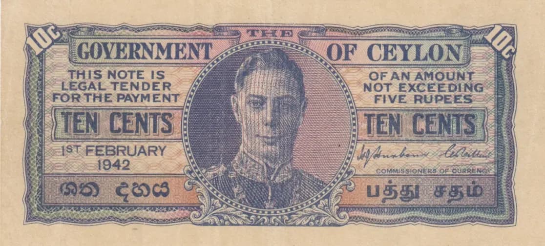 10 cents 1942 from Sri Lanka, P-43a
