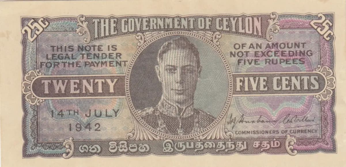 25 cents 1942 from Sri Lanka, P-44a