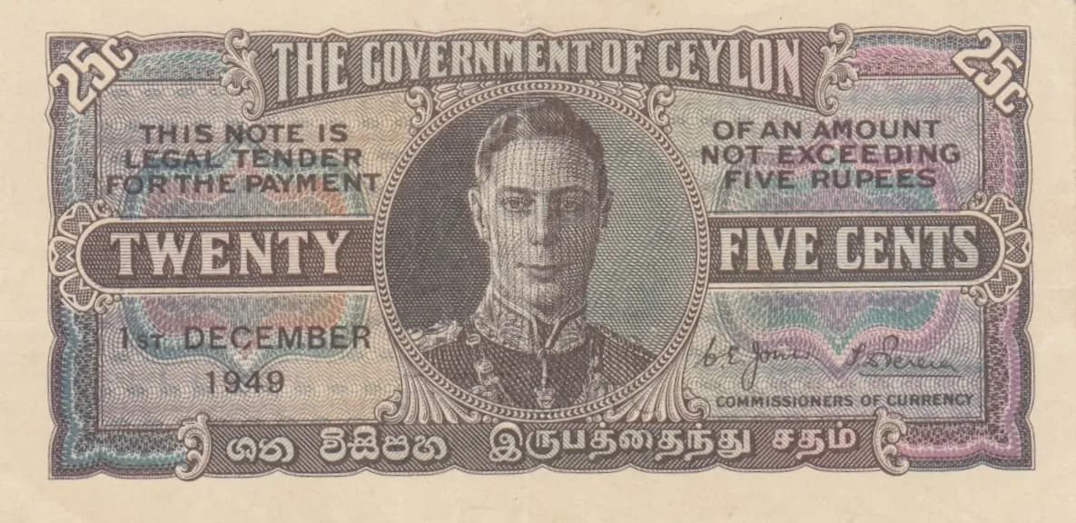 25 cents 1949 from Sri Lanka, P-44b