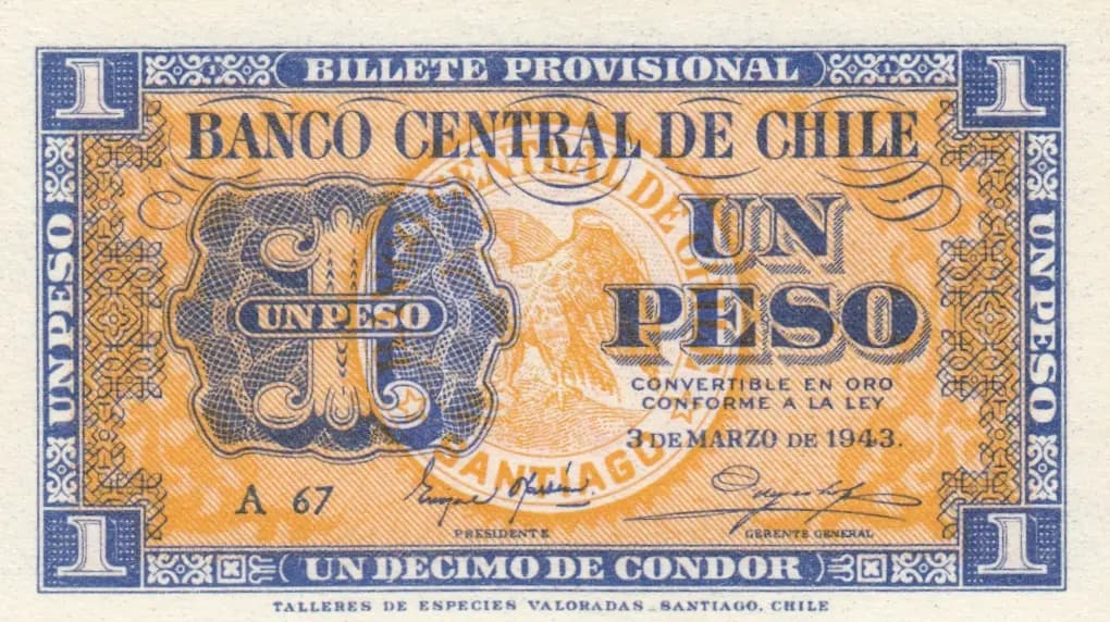 1 peso 1943 from Chile, P-90a
