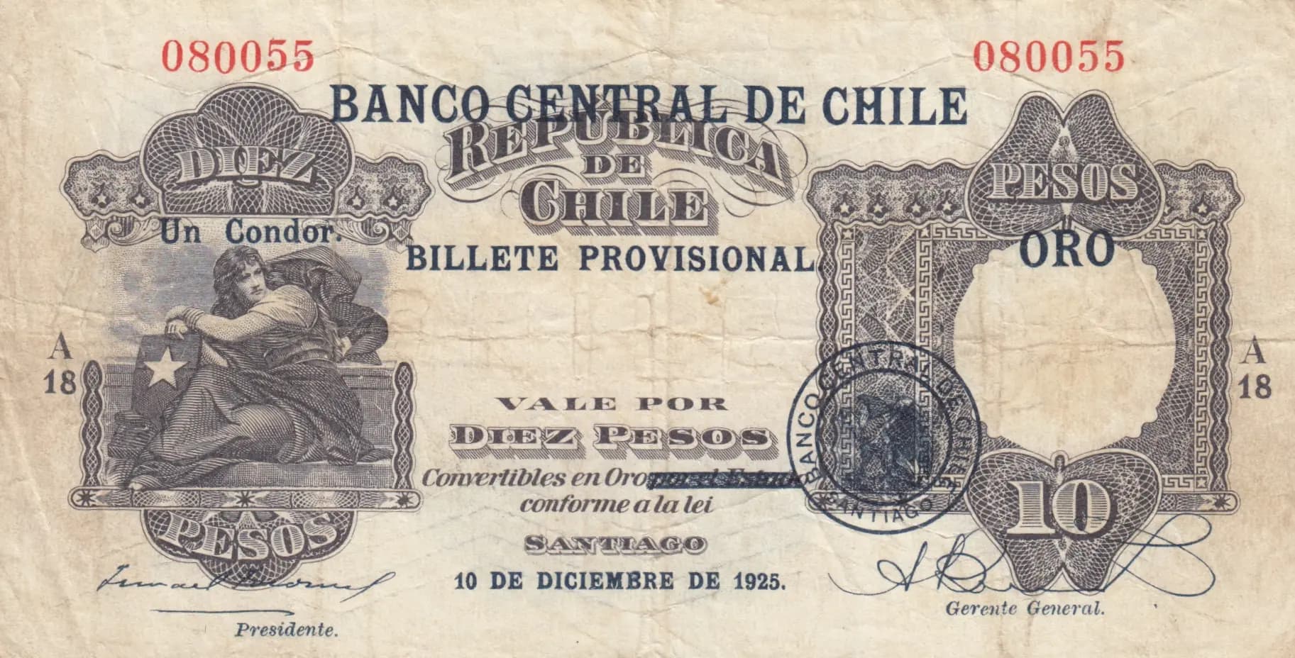 10 pesos 1925 from Chile, P-73