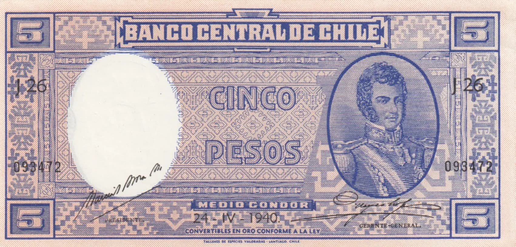 5 pesos 1940 from Chile, P-91c (1940) — image 1