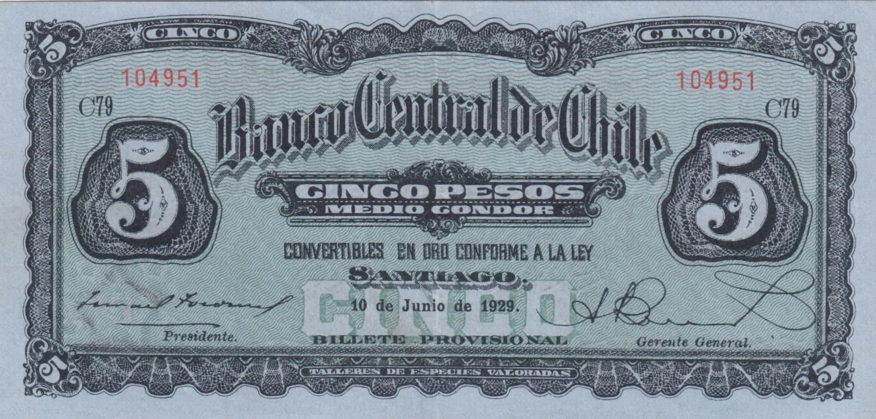 5 pesos 1929 from Chile, P-82