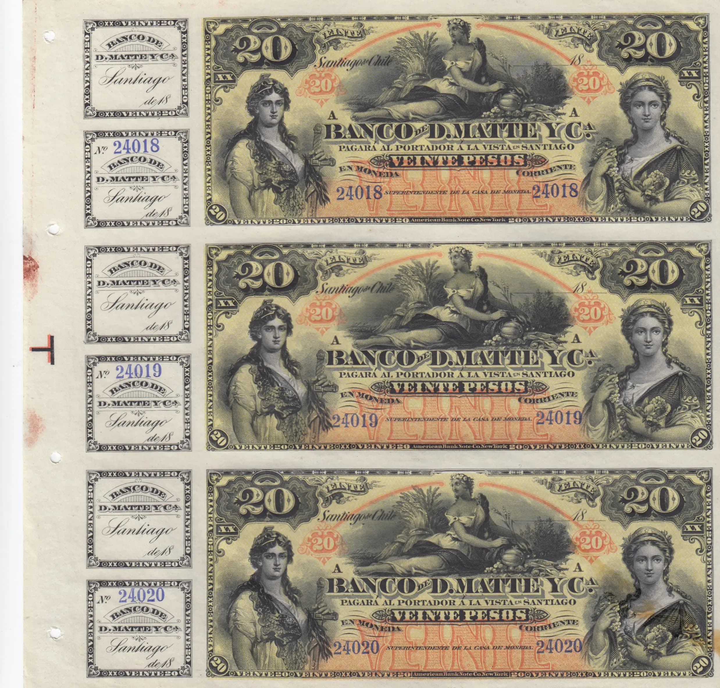 20 pesos 1888 uncut sheet 3 pcs from Chile, P-S279