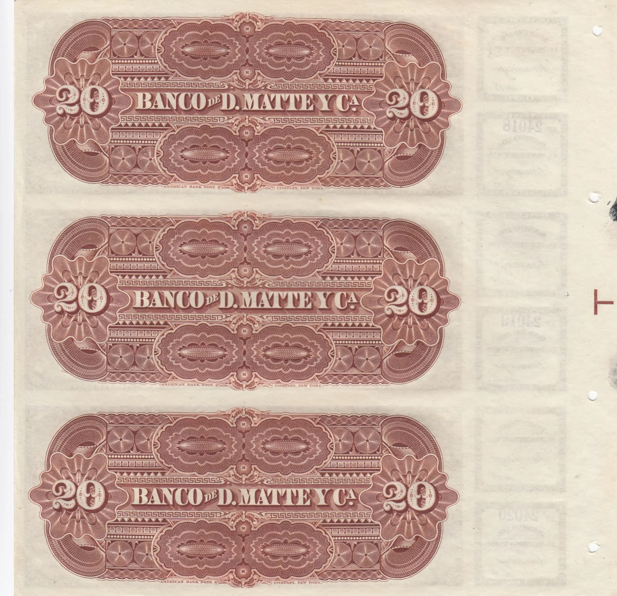 20 pesos 1888 uncut sheet 3 pcs from Chile, P-S279 (1888) — image 2