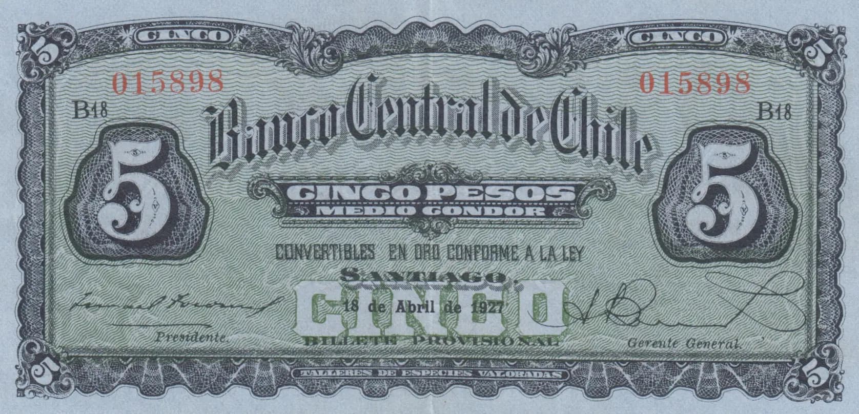 5 pesos 1927 from Chile, P-82 (1927) — image 1