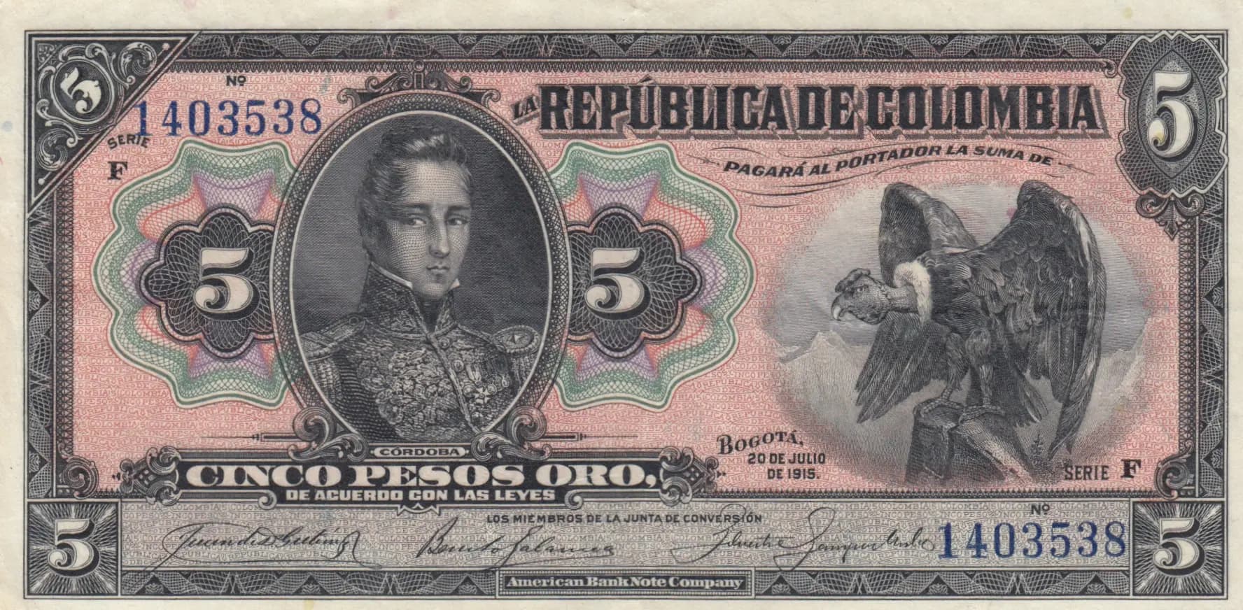 5 pesos 1915 from Colombia, P-323 (1915) — image 1