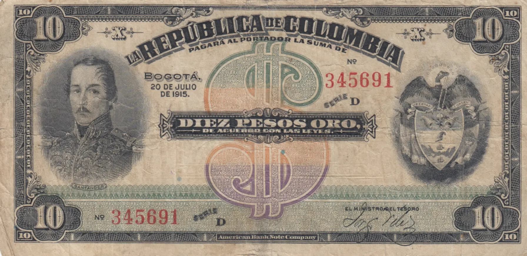 10 pesos 1915 from Colombia, P-324 (1915) — image 1