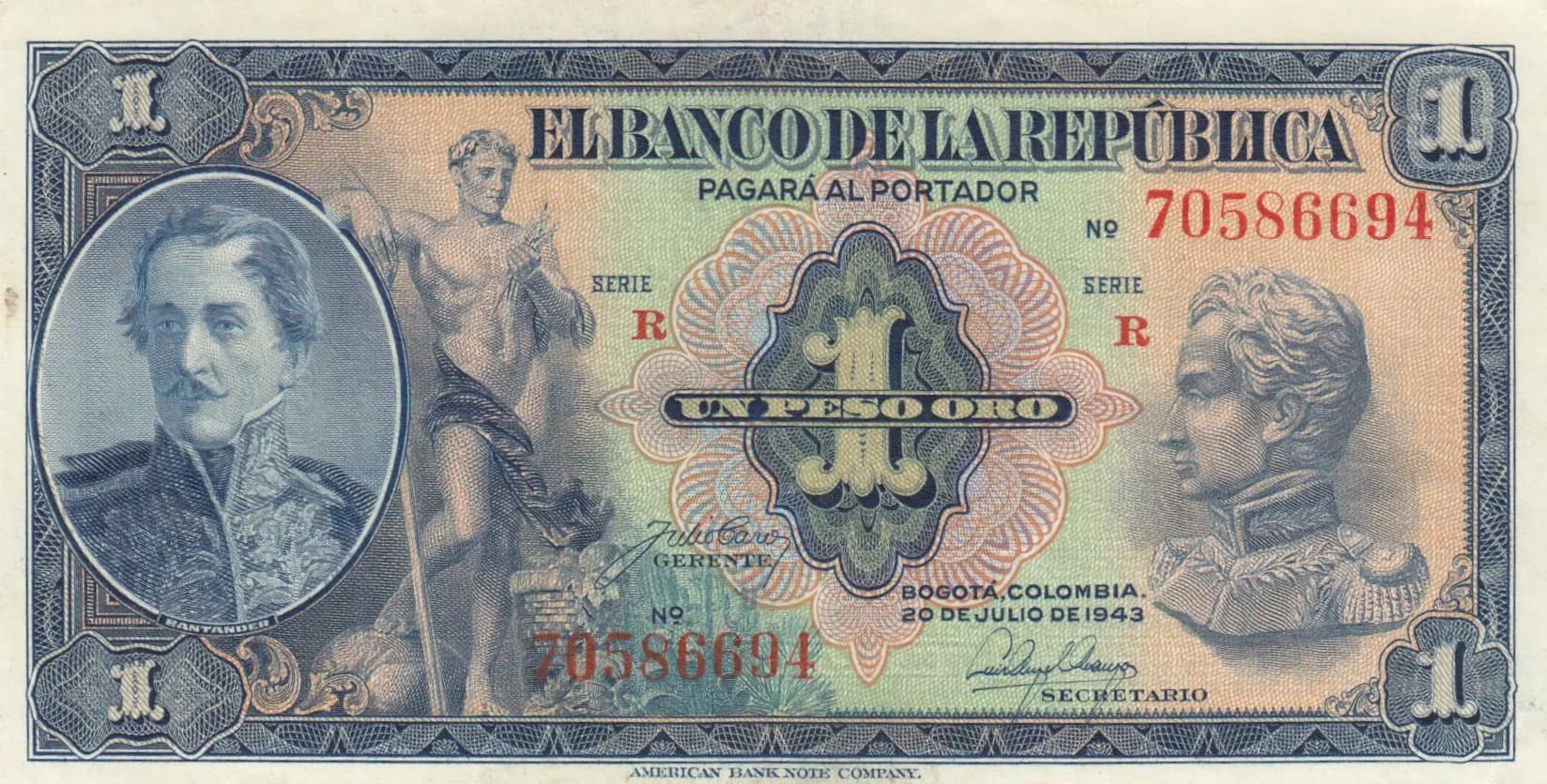 1 peso 1943 from Colombia, P-380c (1943) — image 1