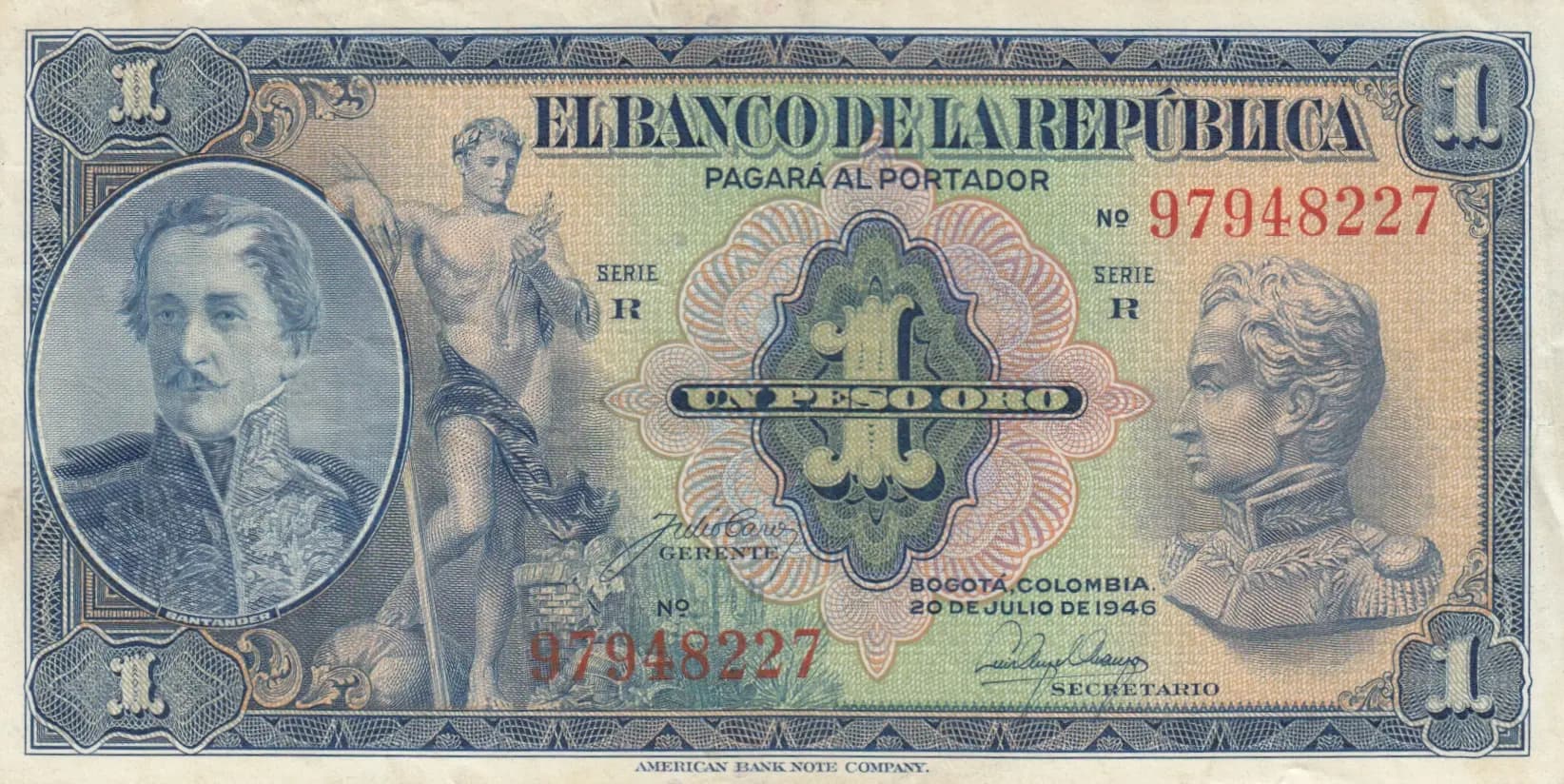 1 peso 1946 from Colombia, P-380e