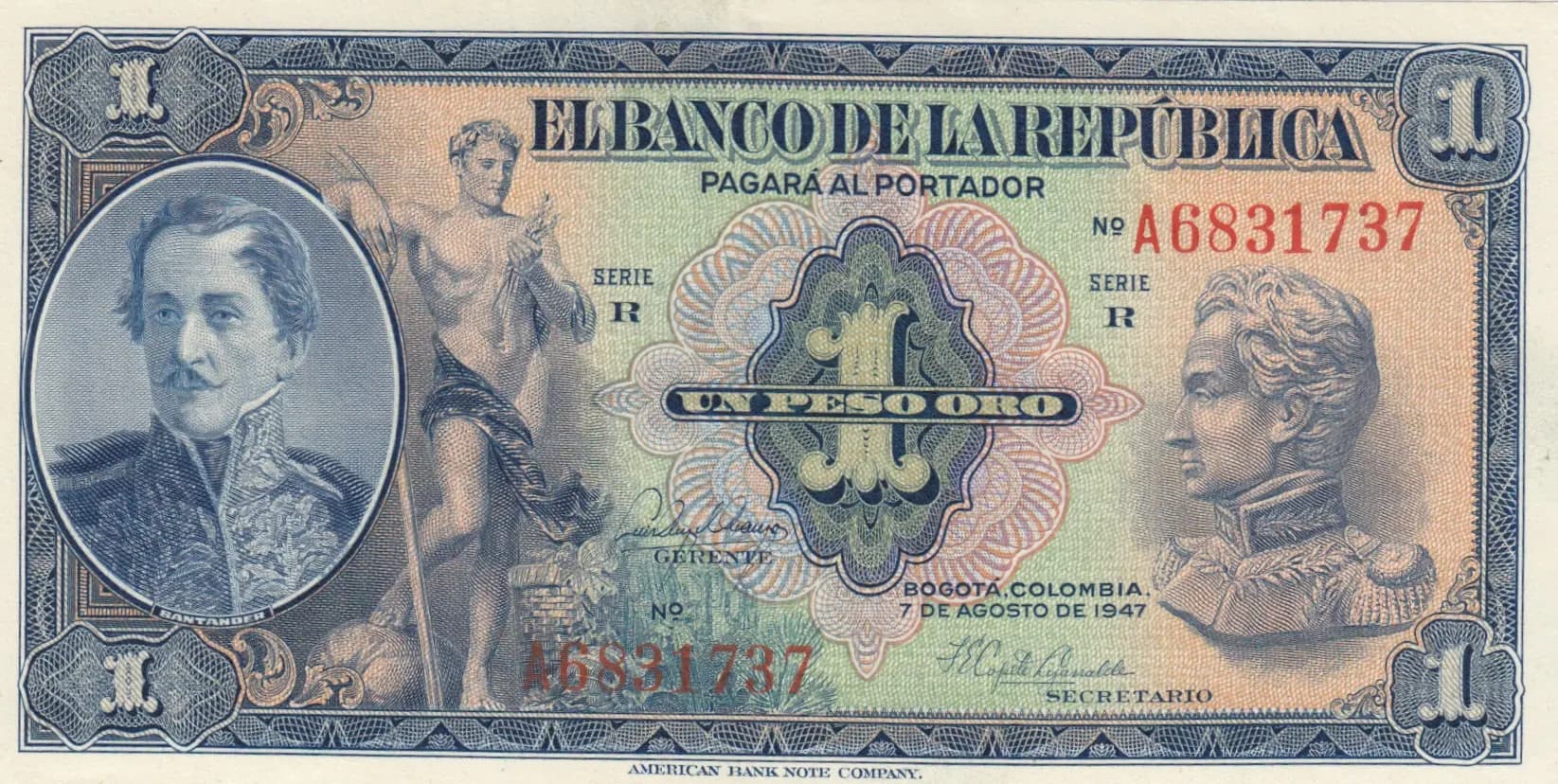 1 peso 1947 from Colombia, P-380e