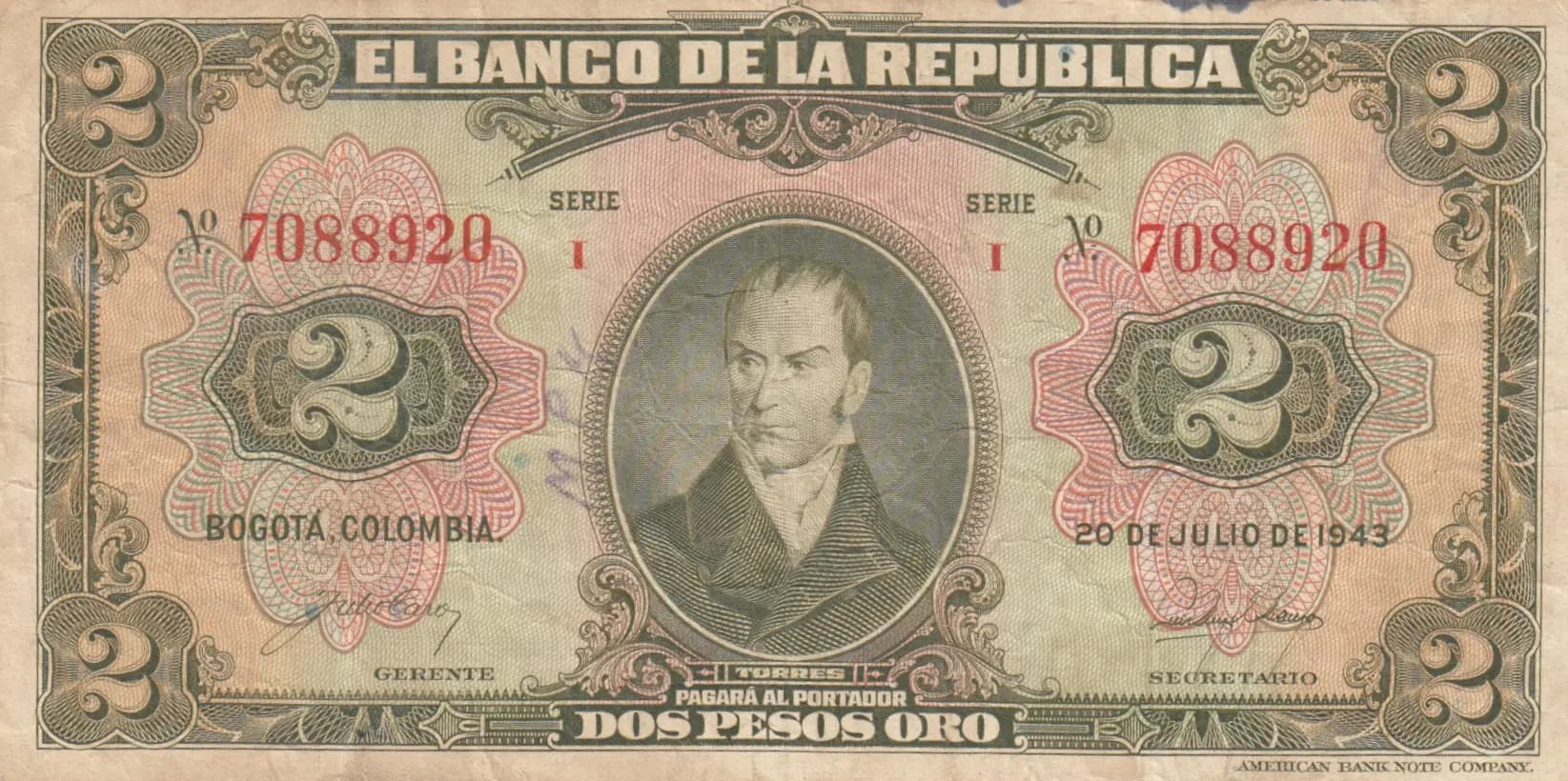 2 pesos 1942 from Colombia, P-390a (1942) — image 1