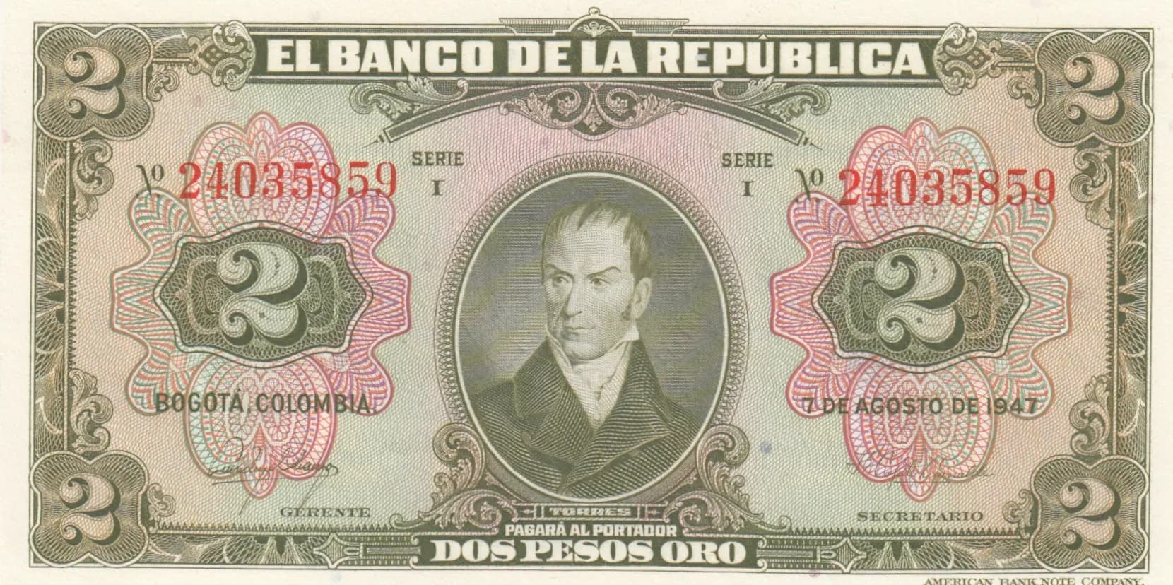 2 pesos 1947 from Colombia, P-390b
