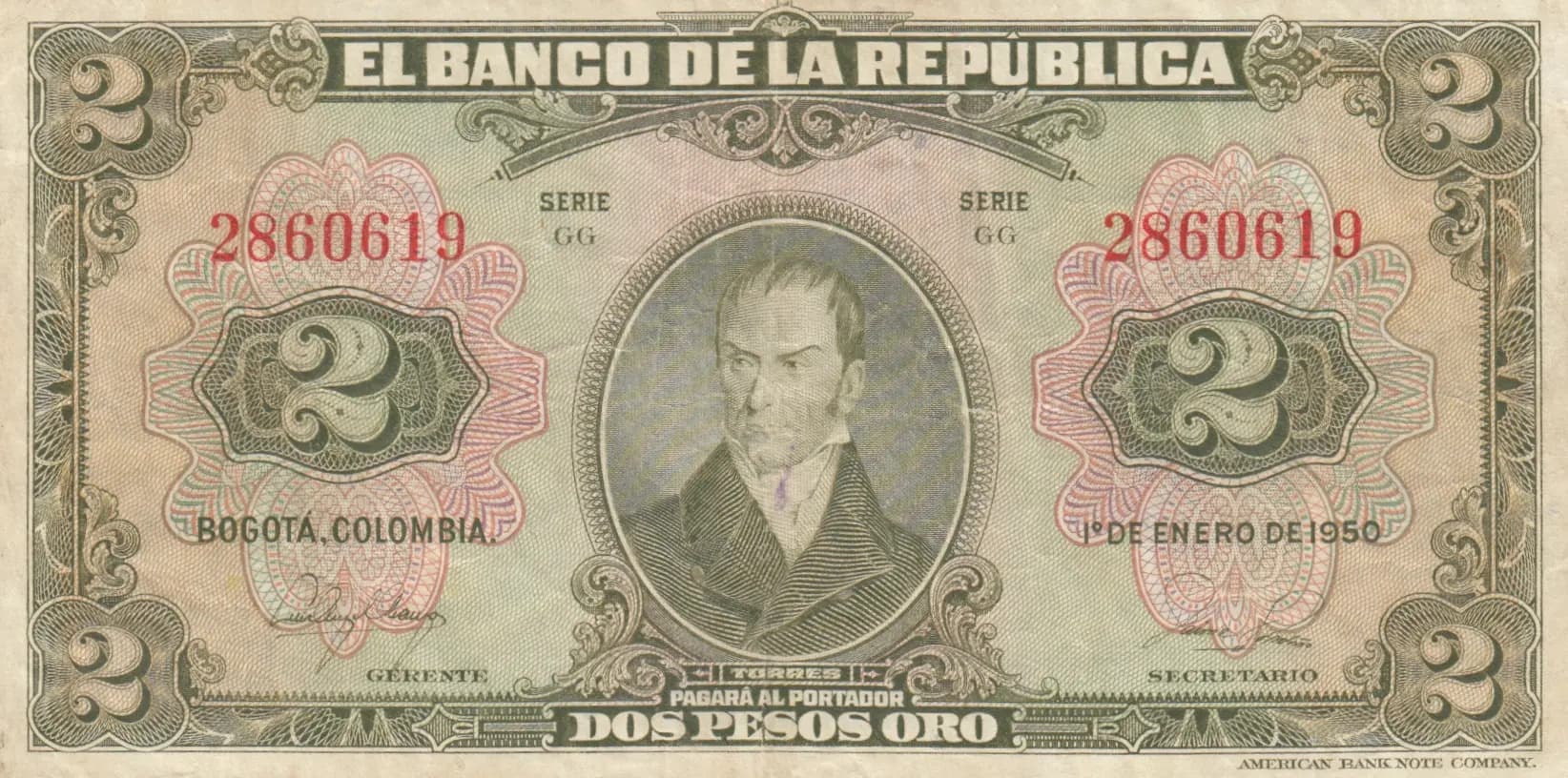 2 pesos 1950 from Colombia, P-390c
