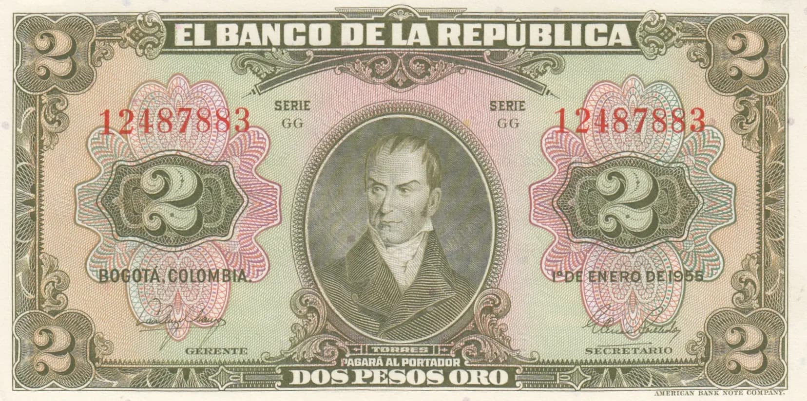 2 pesos 1955 from Colombia, P-390d