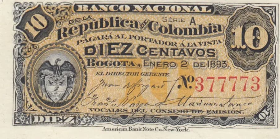 10 centavos 1893 from Colombia, P-221