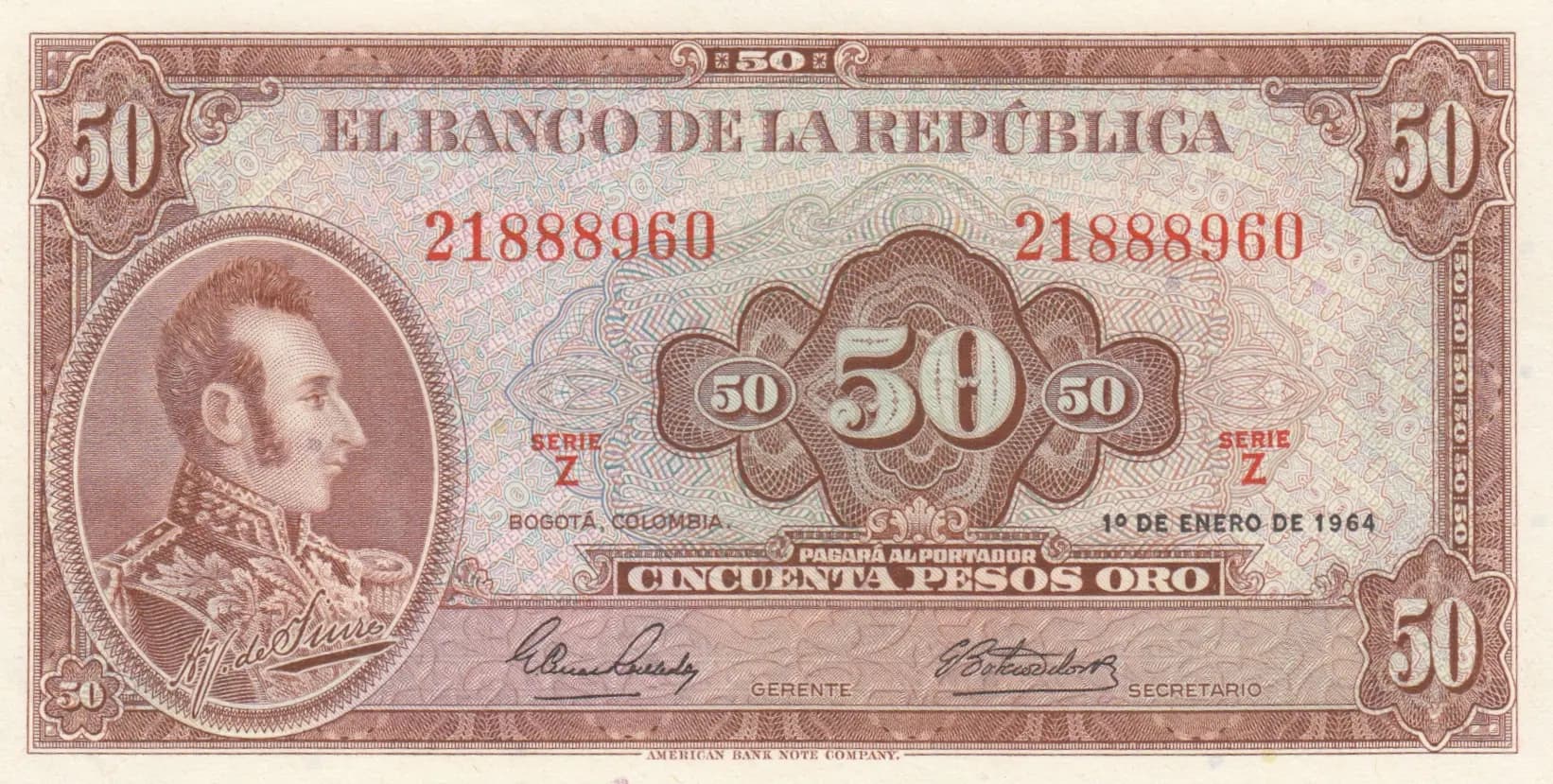 50 pesos 1964 from Colombia, P-402b (1964) — image 1
