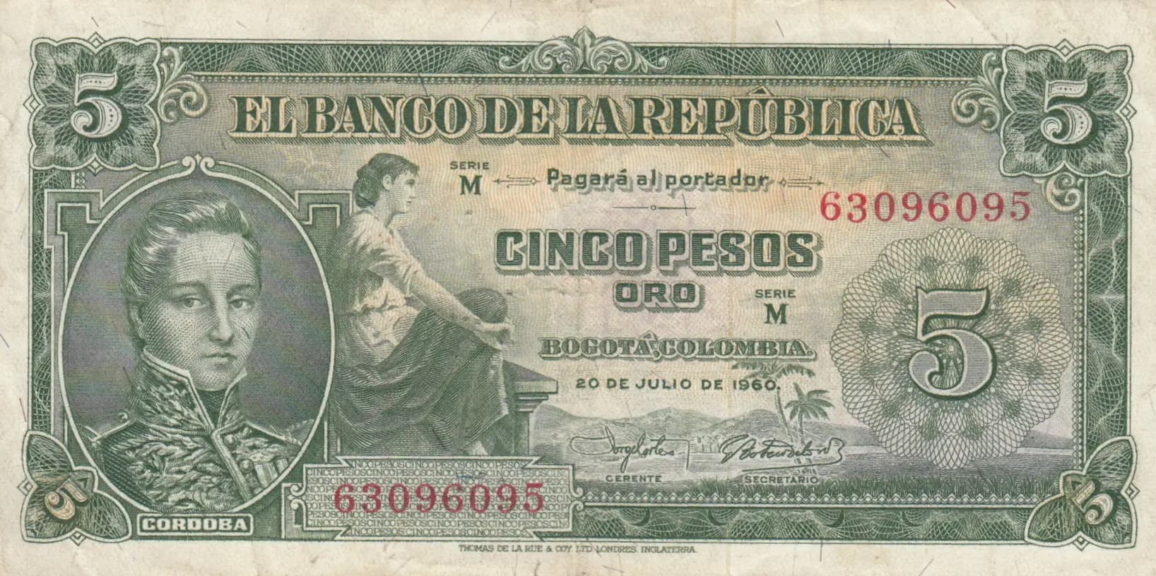 5 pesos 1960 from Colombia, P-405 (1960) — image 1
