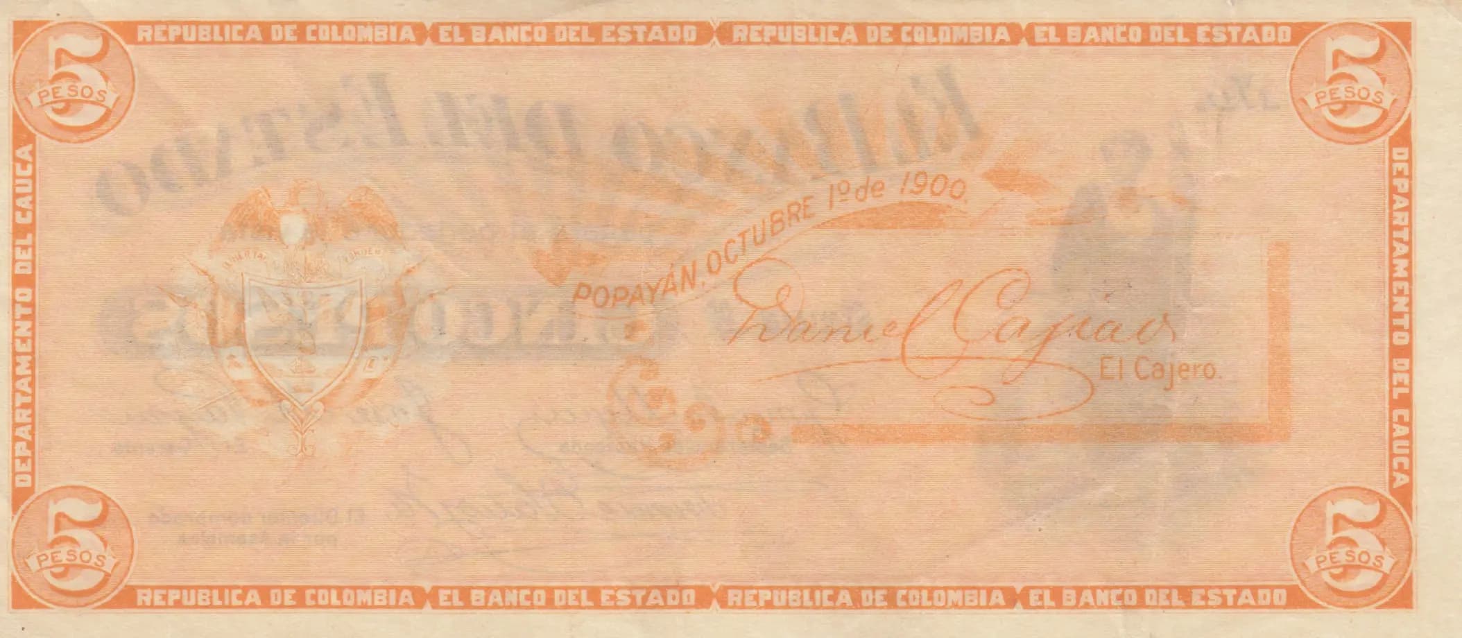 5 pesos 1900 from Colombia, P-S505 (1900) — image 2
