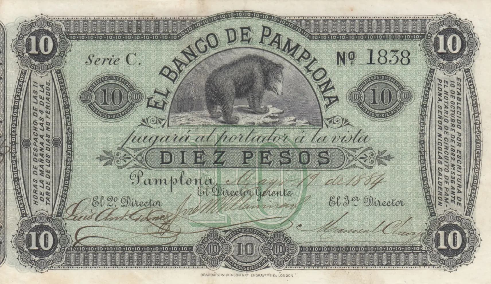 10 pesos 1884 from Colombia, P-S713 (1884) — image 1