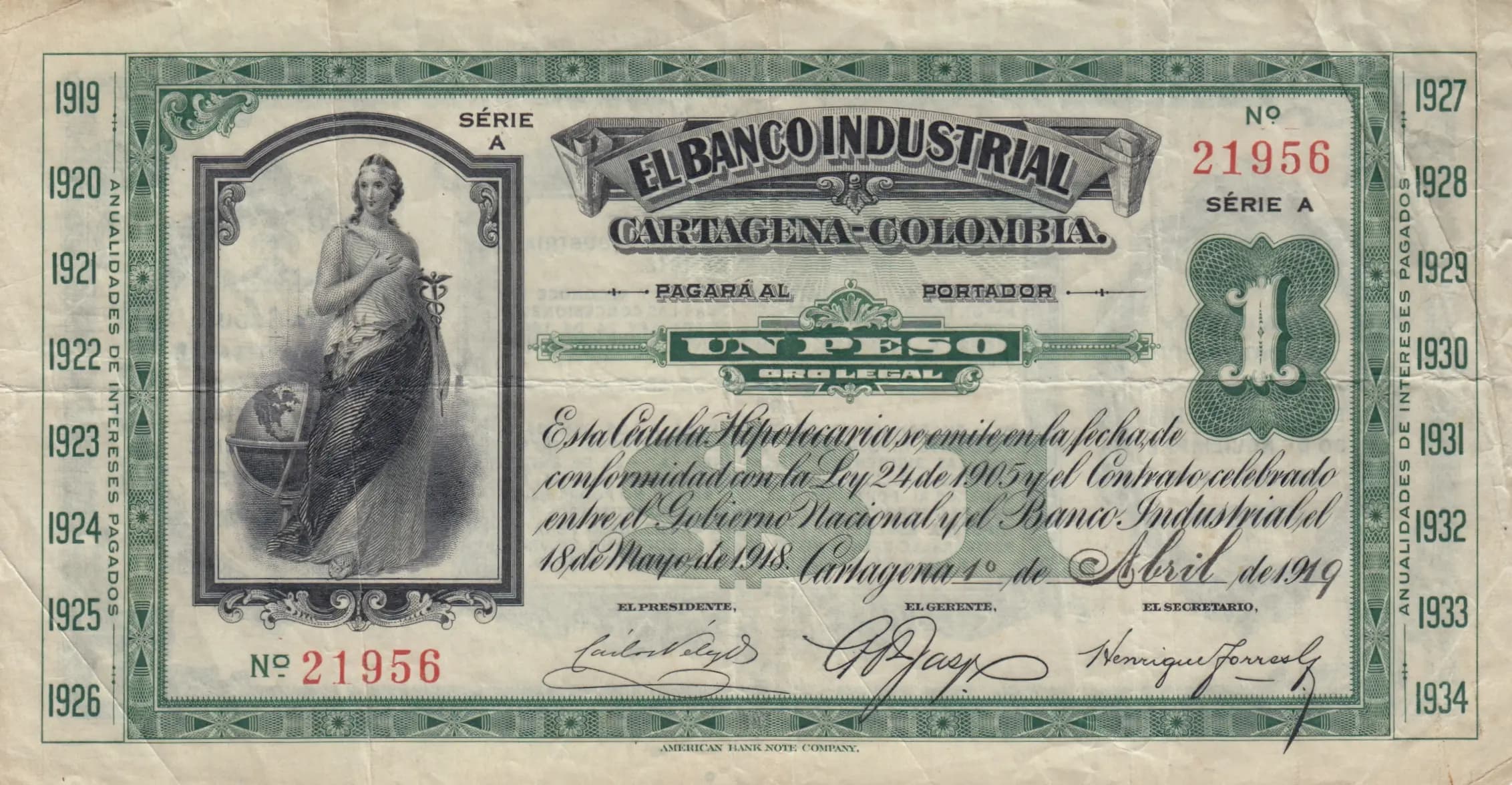 1 peso oro legal 1919 from Colombia, P-S551 (1919) — image 1