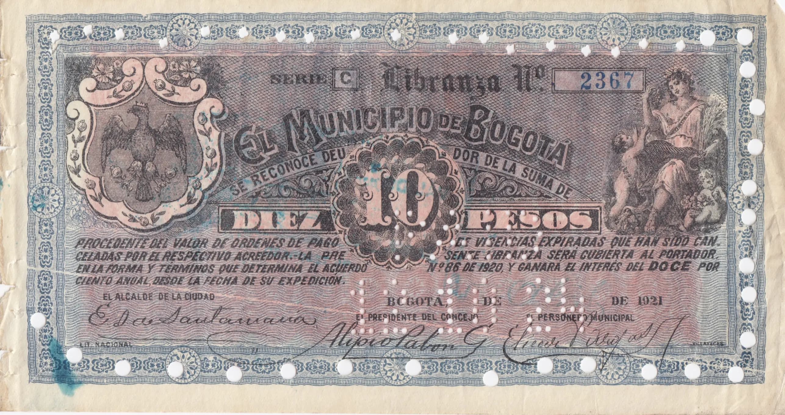 10 pesos 1921 from Colombia, P-unlisted (1921) — image 1